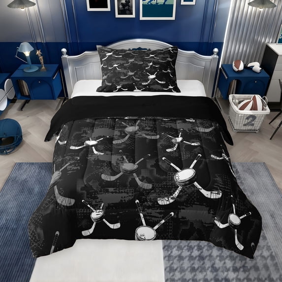 Erosebridal Kids Ice Hockey Twin Comforter Sets for Boys, Sports Theme Bedding Set, Black Gray, Black Reversible, 1 Comforter and 1 Pillowcase