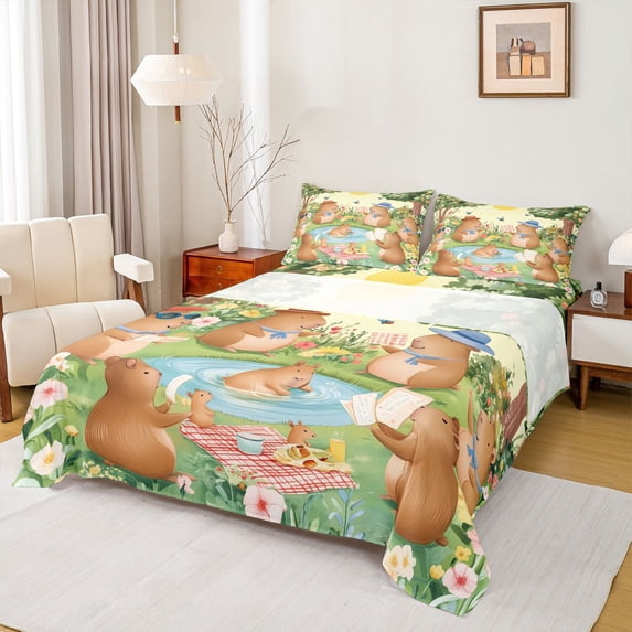 Erosebridal Kids Jungle Capybara Full Size Sheets, Rustic Camping Bed Sheets, 4-Piece