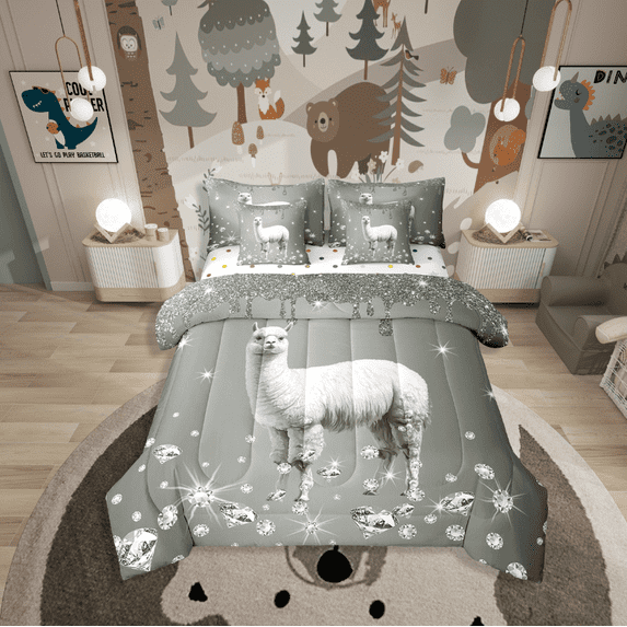 Erosebridal Kawaii Alpaca Bedding Sets Twin Size,Bling Crystal Comforter Sets With Sheets,Glitter Bedroom Decor,Reversible,Breathable,7Pcs