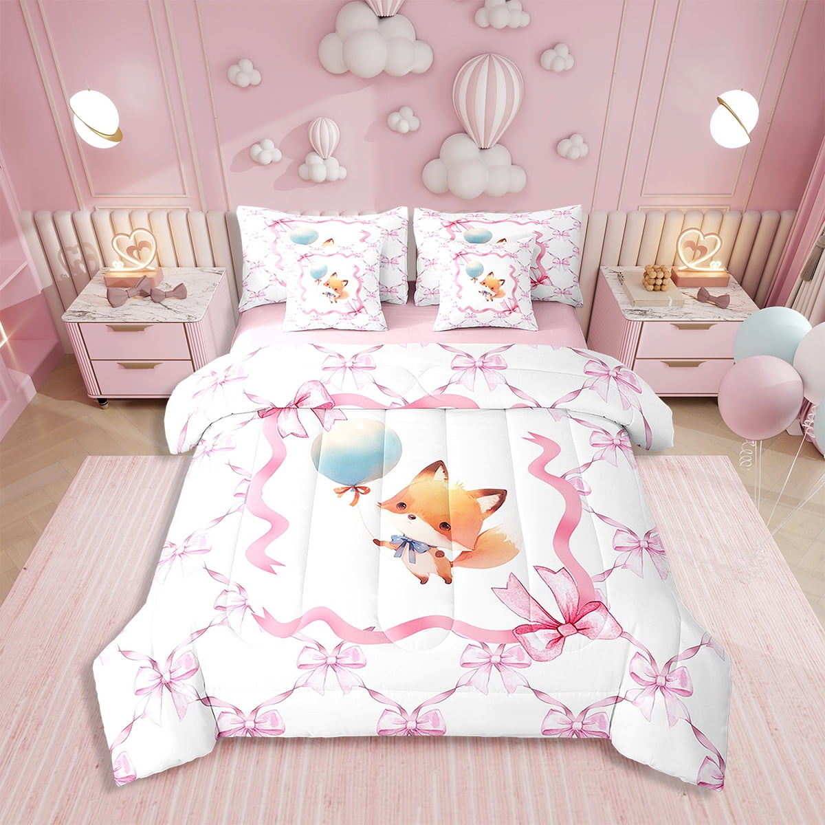Erosebridal 7-Piece Pink Bow Princess Twin Bedding Set - Comforter, Sheets, Pillowcases & Throw Pillows