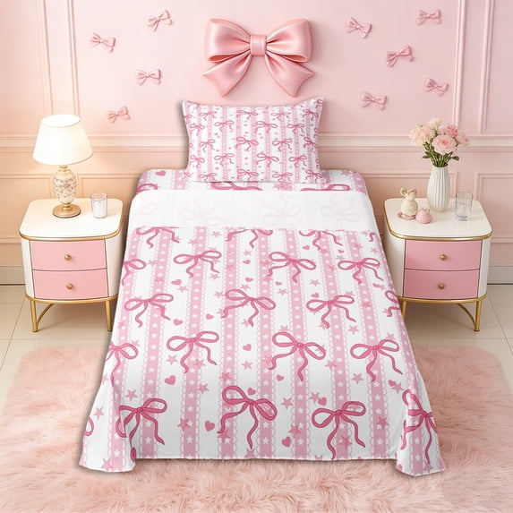 Erosebridal Kids Kawaii Bowknot Stripes Twin Sheet Sets 3pcs,Girls Teens Cute Love Heart Stars Print Bedding,Luxury Bedroom Decor