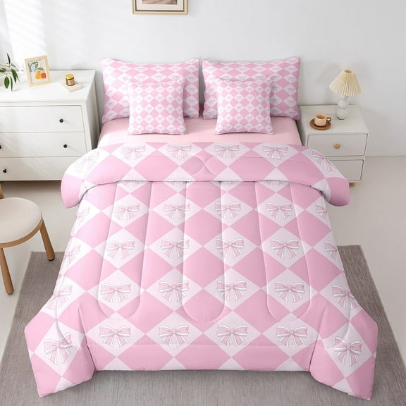 Erosebridal Kawaii Bowknot Twin Comforter Set 7 Piece Fantasy Princess Bedding Set Teen Room Decor,Pink Girly Plaid Bed In A Bag With Sheets Cute Bow Checkered Bed Set