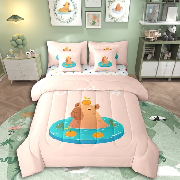 Erosebridal Kids Kawaii Capybara With Fruit Orange Bedding Comforter Set 7-Piece,Boys Girls Cute Animal King Bedding Sets,Pink TealUltra Soft Home Decor