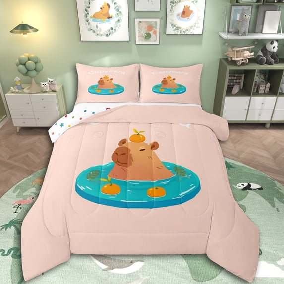 Erosebridal Kids Kawaii Capybara With Fruit Orange Full Size Comforter Sets 3 Pieces,Boys Girls Cute Animal Bedding Sets,Pink TealUltra Soft Home Decor