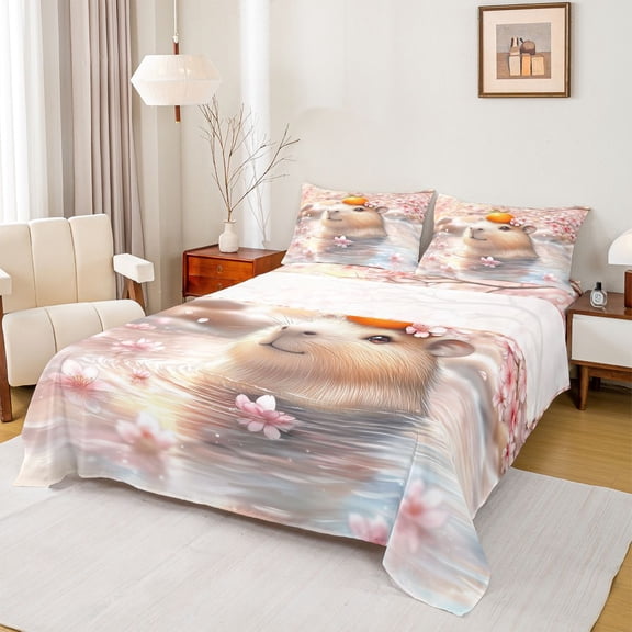 Erosebridal Kids Kawaii Capybara With Fruit Orange Bed Sheets 4pcs,Boys Girls Floral Cherry Blossoms King SheetsBreathable Home Decor