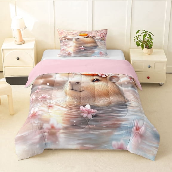 Erosebridal Kids Kawaii Capybara With Fruit Orange Twin Comforter Sets 3-Piece,Boys Girls Floral Cherry Blossoms Bedding SetPink Reversible