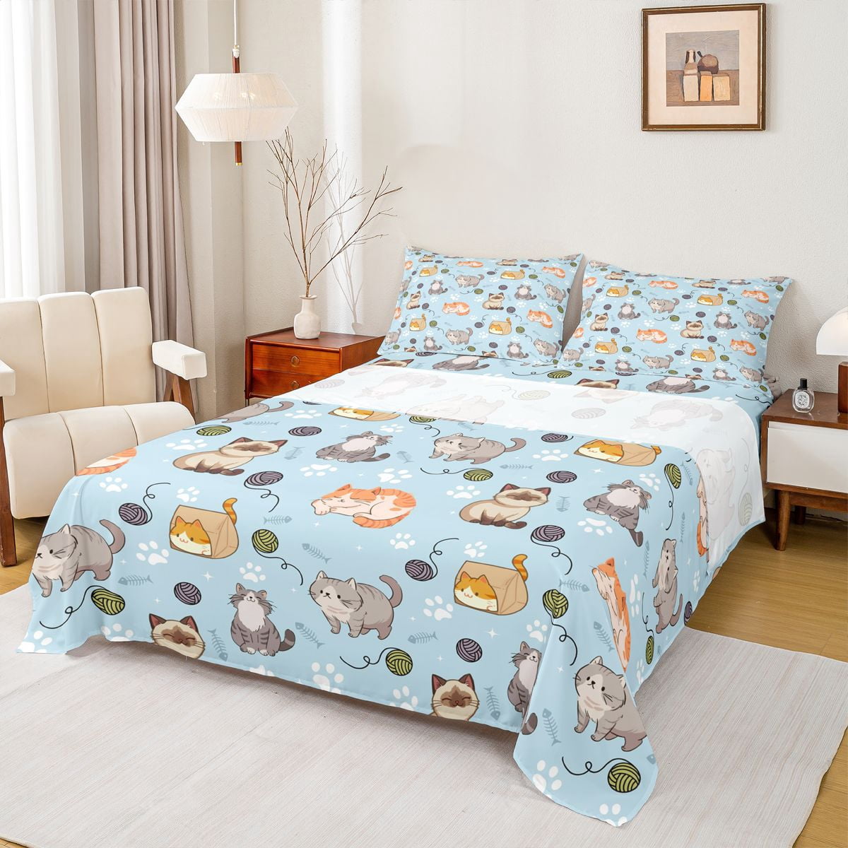 Erosebridal Kids Kawaii Cat Full Size Sheets, Blue Cartoon Animal Bed ...
