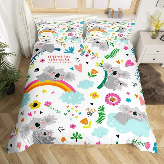 Erosebridal Koala Bedding Set Cute Animal Pattern Duvet Cover Cartoon Rainbow Butterfly Comforter Cover Floral Flowers Bed Set Room Decor with 2 Pillow Cases King Size