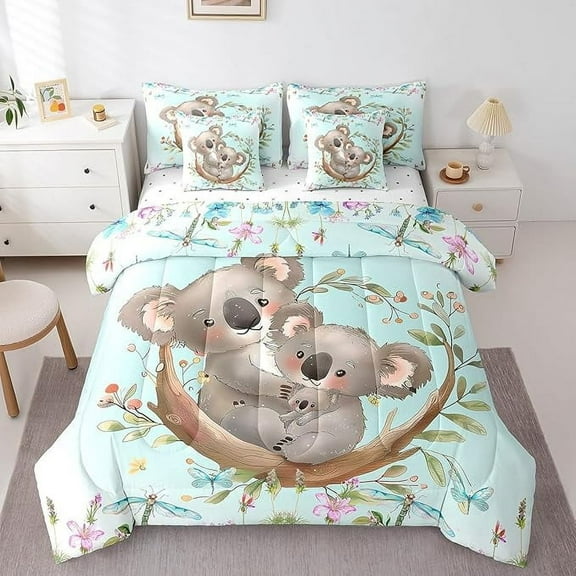 Erosebridal Koala Twin Comforter Set with Sheets Cute Koala 7 Pieces Bedding Set Tropical Leaves Bed in a Bag with Comforter, Sheets, Pillowcases & Cushion Cover Animals Bed Set