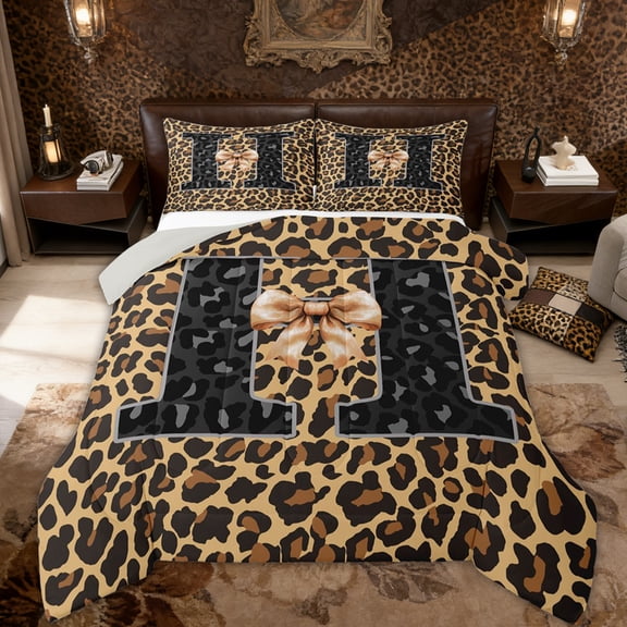Erosebridal Kids Leopard Print Queen Comforter Set, Ribbon H Letter Bedding Comforter Set, Black Brown, 3-Piece