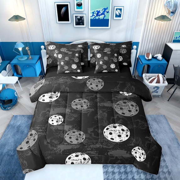 Erosebridal Kids Pickleball Bedding Comforter Set for Boys, Sports Theme Full Bedding Set, Black Gray, Black Reversible, 7-Piece