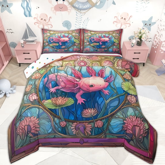 Erosebridal Kids Pink Axolotl Queen Comforter Set, Ocean Cartoon Animal Bedding Comforter Set, 3-Piece