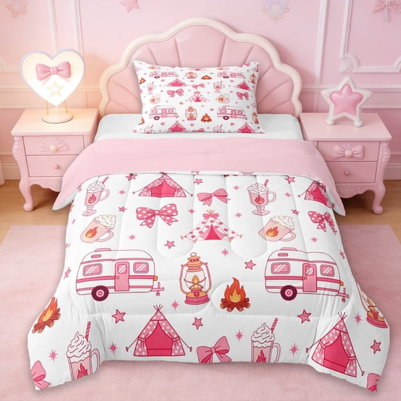 Erosebridal Kids Pink Camper Twin Comforter Sets For Travel Trailers,Cute Polka Dot Bowknot Bedding Set For Girls,Reversible pink,2pcs