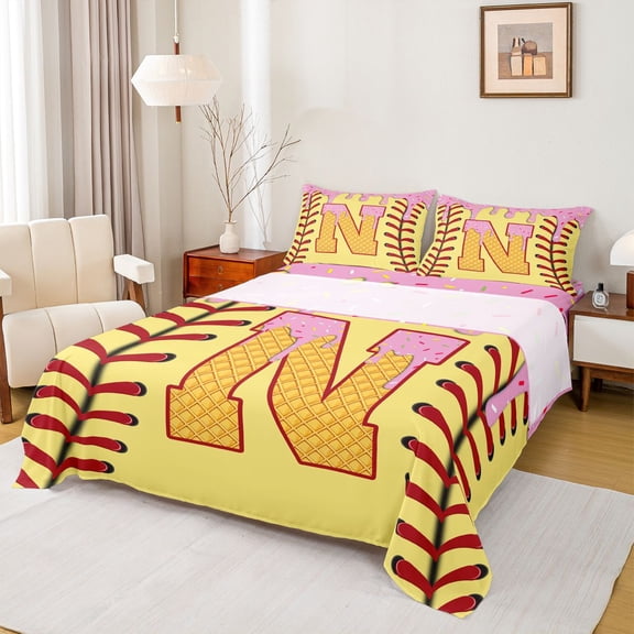 Erosebridal Kids Pink Initial N Full Size Sheets, Baseball Ice Cream Bed Sheets, 4pcs