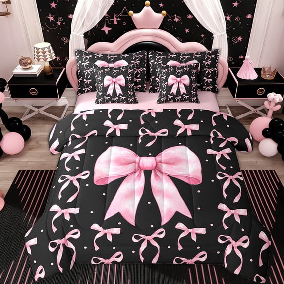Erosebridal Kids Princess Ribbon Bedding Comforter Set 7pcs, Butterfly Knot Queen Bedding Sets, Black Pink