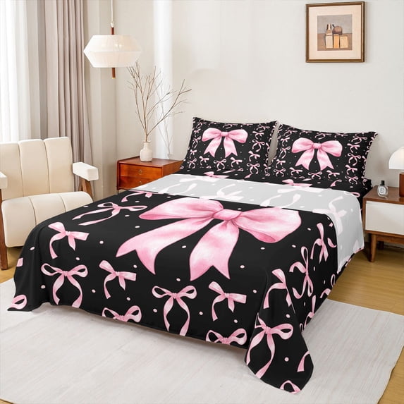 Erosebridal Kids Princess Ribbon Queen Sheet Sets, Butterfly Knot Bed Set, Black Pink, 4pcs