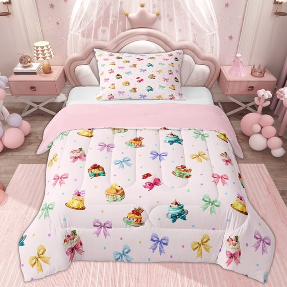 Erosebridal Kids Princess Ribbon Twin Comforter Sets, Pink Cartoon Cake Bedding Set, 2 Pieces