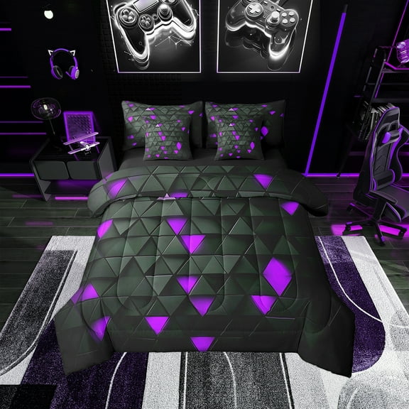 Erosebridal Purple and Black Comforter Set With Sheets7 piece Triangle Bedding Set Twin Size Geometric Bed in a Bag Modern Bed Set with Comforter,Sheets,Pillowcases