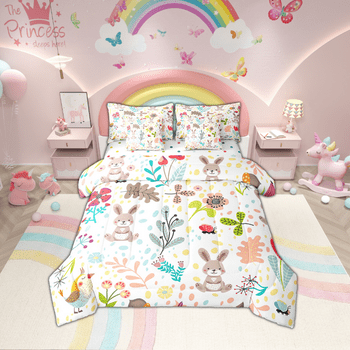 Erosebridal Rabbit Bedding Set Twin,Cute Rabbit Bed In A Bag 7 Piece ,Cartoon Rustic Animal Comforter Set With Sheets Kawaii Woodland Leaves Flower Sheet Set With Comforter