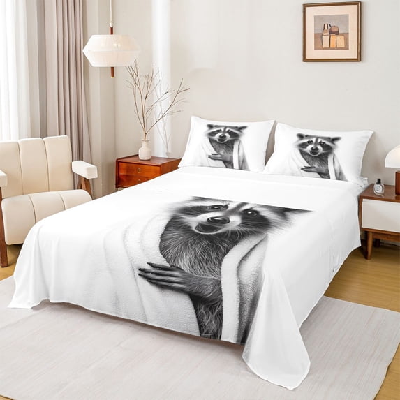 Erosebridal Kids Raccoon Bed Sheets, Cute Animal King Sheets, White Grey, 4-Piece