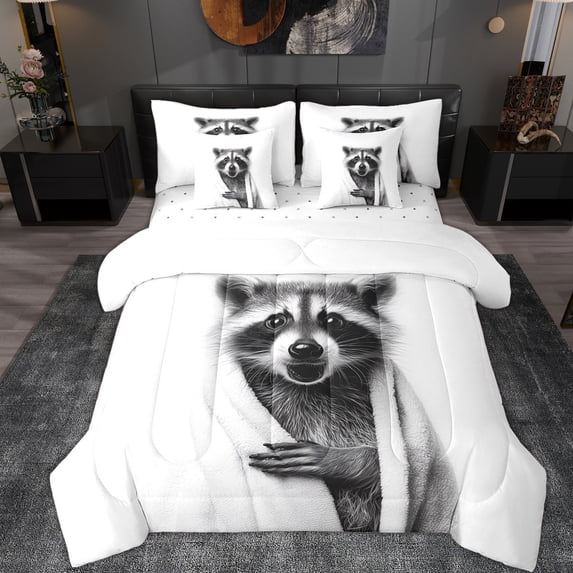 Erosebridal Kids Raccoon Bedding Comforter Set 7pcs, Cute Animal Queen Bedding Sets, White Grey