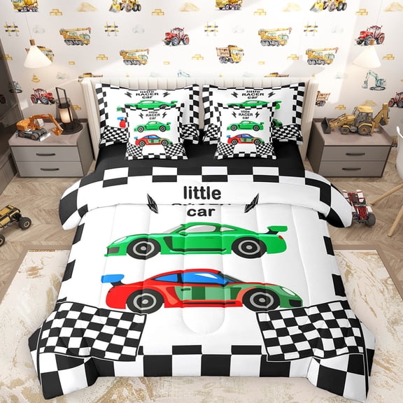 Erosebridal Kids Race Car Bedding Comforter Set, Racing Flag King Bedding Sets, Black Reversible, 7pcs