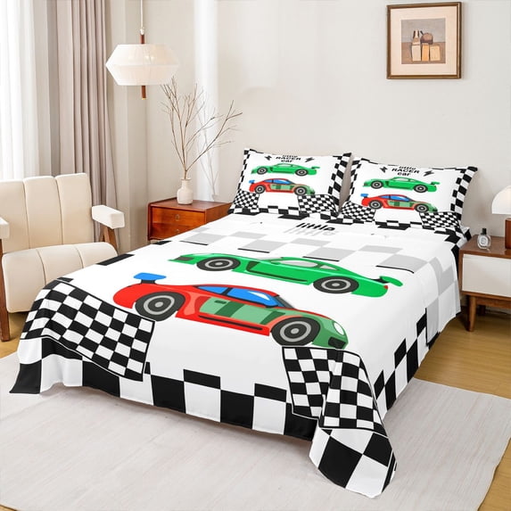 Erosebridal Kids Race Car Full Size Sheets, Racing Flag Bed Sheets, 1 Flat Sheet, 1 Fitted Sheet and 2 Pillowcases