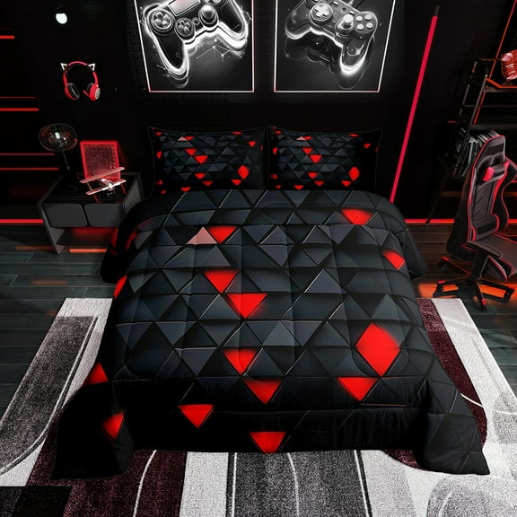 Erosebridal Red and Black Comforter Set Triangle Bedding Set Twin Size Bedroom Decor Geometric Comforter Modern Duvet Set With 1 Pillow Case