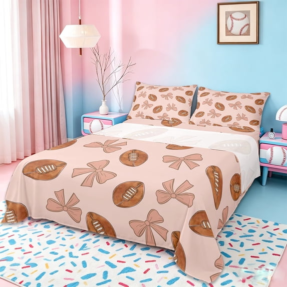 Erosebridal Kids Rugby Ball Game Full Size Sheets,Cute Coquette Bow Bed Sheets For Girls 4-Piece