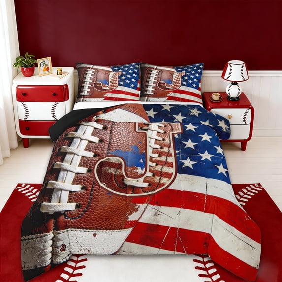 Erosebridal Kids Rugby Ball Games Queen Comforter Set,American Flag Pattern Monogrammed J Bedding Comforter Set,Reversible black,3-Piece
