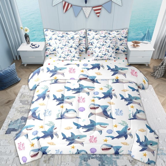 Erosebridal Kids Sea Shark Twin Bedding Sets 7-Piece, Kawaii Coral Starfish Bedding Comforter Set