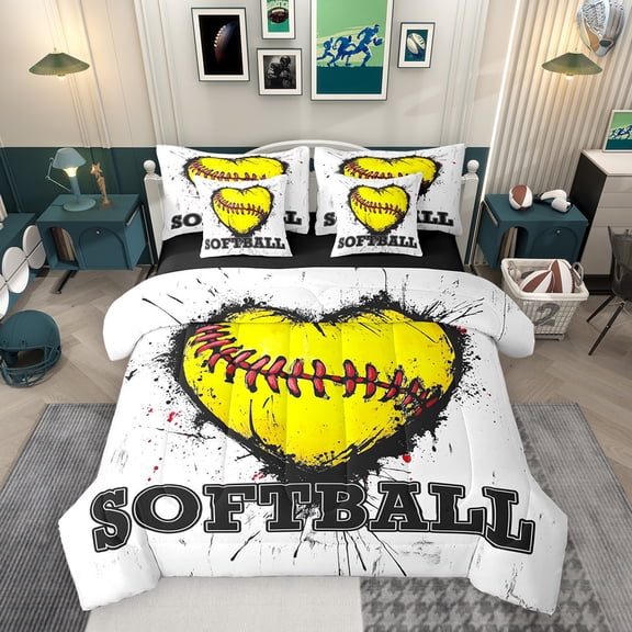Erosebridal Kids Softball Bedding Comforter Set, Sports Themed Queen Bedding Sets for Boys Girls, Black Reversible, 7pcs