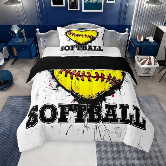 Erosebridal Kids Softball Twin Comforter Sets, Sports Themed Bedding Set for Boys Girls, Black Reversible, 1 Comforter and 1 Pillowcase