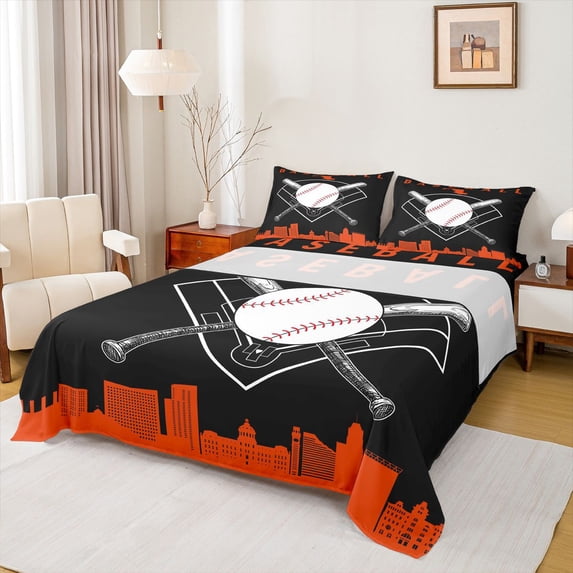 Erosebridal Kids Sports City Bed Sheets, Baseball King Sheets, Black Orange, 4pcs