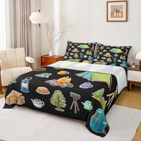 Erosebridal Kids Teens Jungle Adventure Bed Sheets 4pcs,Boys Girls Woodland Camping Theme King Sheets