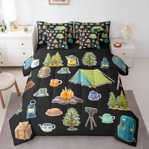 Erosebridal Kids Teens Jungle Adventure Bedding Comforter Set 7 Pieces,Boys Girls Woodland Camping Theme Full Bedding Set,Black Reversible