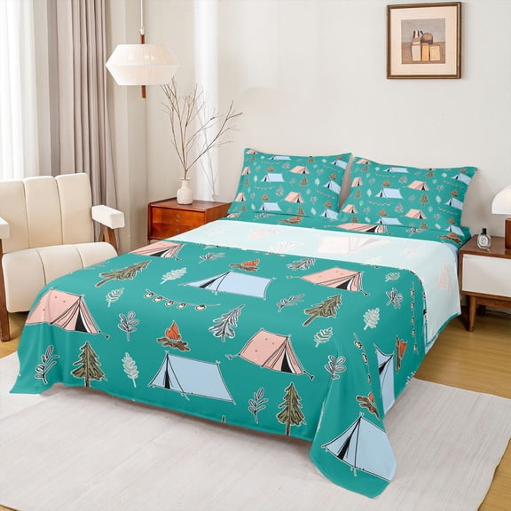 Erosebridal Kids Teens Jungle Adventure Full Size Sheets 4-Piece,Boys Girls Woodland Camping Theme Bed Sheets
