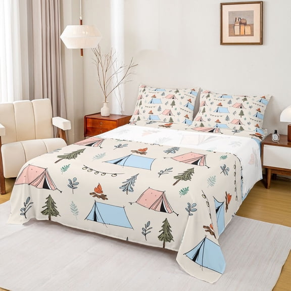 Erosebridal Kids Teens Jungle Adventure Full Size Sheets 4-Piece,Boys Girls Woodland Camping Theme Bed Sheets
