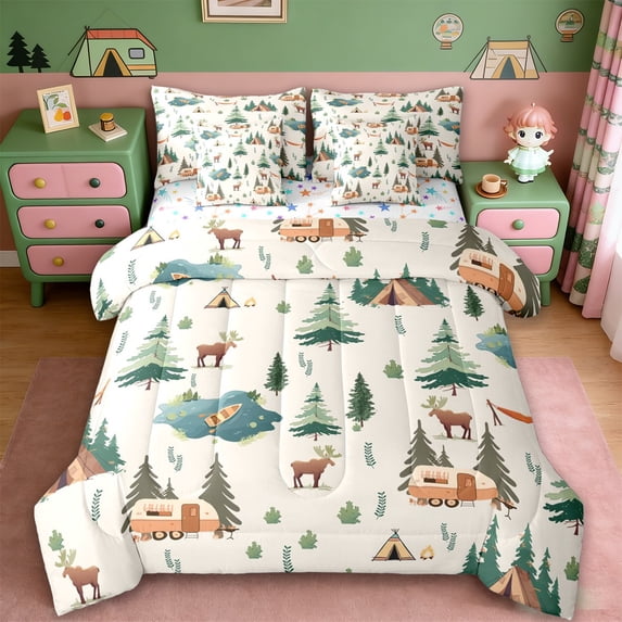Erosebridal Kids Travel Adventure Camper 7-Piece Twin Bedding Sets,Adventure Theme Bedding Comforter Set For Retro Trailer Lover,Reversible