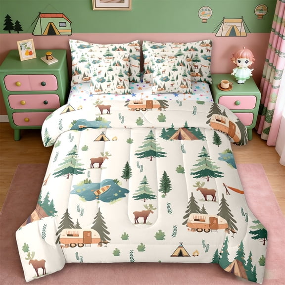 Erosebridal Kids Travel Adventure Camper 7-Piece Twin Bedding Sets,Adventure Theme Bedding Comforter Set For Retro Trailer Lover,Reversible