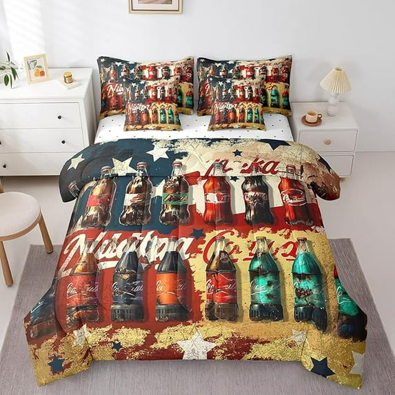 Erosebridal Vintage Cola Comforter Set with Sheets Twin, Drinks 7 Piece Bedding Set Twin Summer Bed in a Bag Cool Summer Bed Set