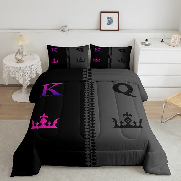 Erosebridal King and Queen Comforter Set Queen Size, Black and Gray Splicing Couples Printed Bedding Set Decor,Valentine Soft and Comfortable Quilt Set All Season 3Pcs (1 Comforter+ 2 Pillowcases)