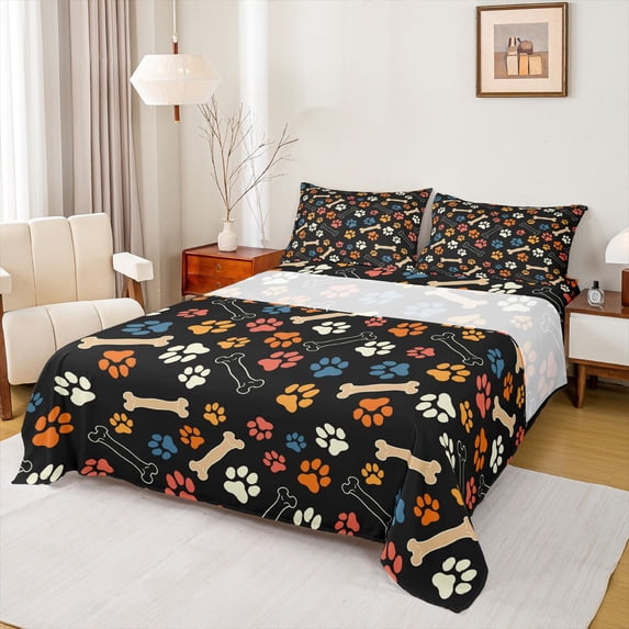 Erosebridal Kitten Dog Animal Queen Sheet Sets, Black Orange Bed Set, 4 Pieces