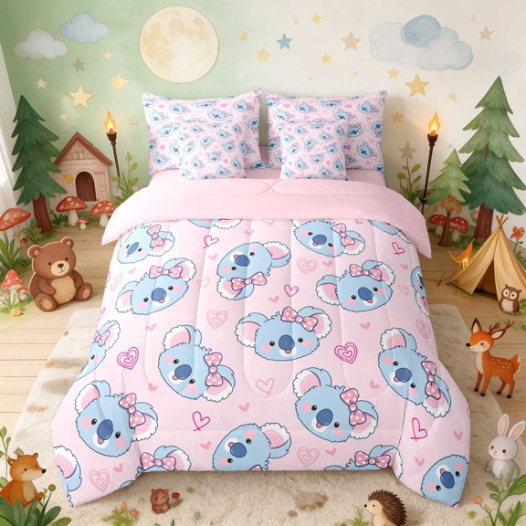 Erosebridal Koala Full Size Bedding Sets for Girls, Pink Hearts Full Size Bed in a Bag, Pink Reversible 7 Pieces