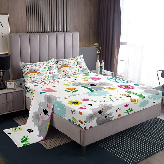 Erosebridal Koala Sheet Set Twin Size Rainbow Bedding Set Women Bohemian Leaves Kawaii Fitted Sheet Cartoon Cute Animal Floral Botanical Top Flat Sheet with 1 Pillow Case Deep Pocket