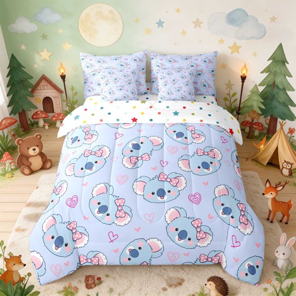 Erosebridal Koala Twin Bedding for Boys Girls, Pink Bows Bedding Comforter Set, Polka Dots Reversible 7-Piece