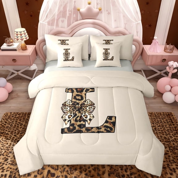 Erosebridal L Letter Monogrammed Bedding Comforter Set 7pcs For Teens Adults,Girls Boys Vintage Cheetah Print Bow Queen Bedding Sets,Grey Reversible