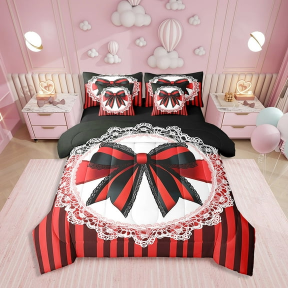 Erosebridal Lace Bow Bedding Sets Twin Size, Romantic Bowknot Comforter Sets with Sheets, Geometric Striped Decor, Reversible 7-Piece