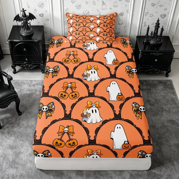 Erosebridal Lace Spooky Twin Fitted Sheet 2 Pieces,Cute Halloween Bedding,Peach Orange,1 Fitted Sheet and 1 Pillowcase