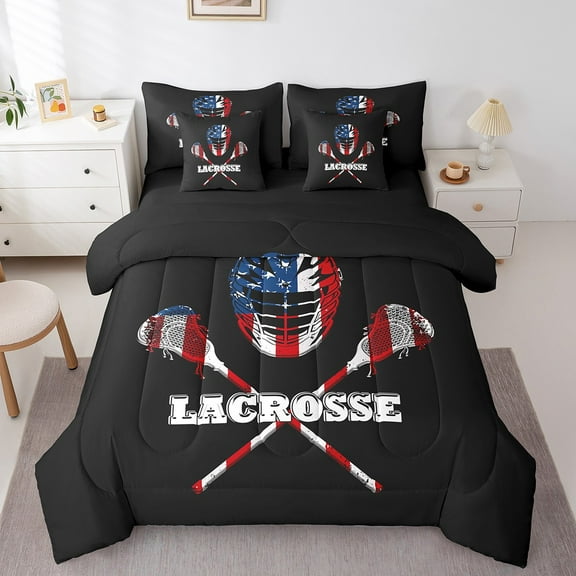 Erosebridal Lacrosse Print Bedding Twin Size, Vintage Sports Bedding Sets Twin Size, American Flag Reversible Bed Set, Breathable Bedroom Decorative, 7pcs